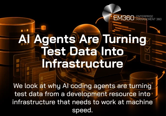 EM360Tech header graphic on a black background with orange illustrations of an AI agent, databases, code and testing panels, titled “AI Agents Are Turning Test Data Into Infrastructure”, with the subtitle explaining how AI coding agents are making test data infrastructure work at machine speed.