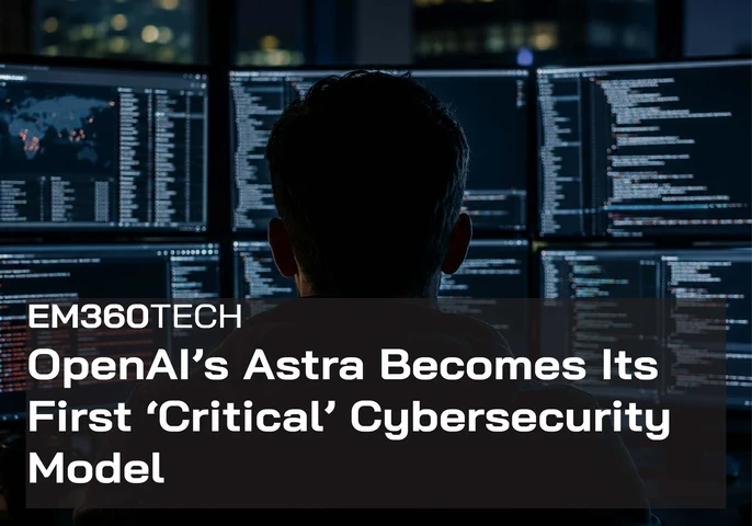 EM360Tech header graphic showing a person from behind at a workstation, facing six computer monitors filled with code, system data and a world map. Overlaid text reads: “OpenAI’s Astra Becomes Its First ‘Critical’ Cybersecurity Model.”