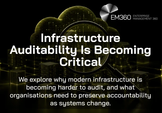 EM360Tech header graphic showing a magnifying glass inspecting a complex network of cloud infrastructure and servers, with the text “Infrastructure Auditability Is Becoming Critical” and “We explore why modern infrastructure is becoming harder to audit, and what organisations need to preserve accountability as systems change.” 