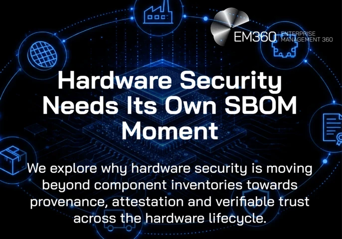 EM360Tech graphic titled “Hardware Security Needs Its Own SBOM Moment”, showing a glowing blue microchip surrounded by connected supply chain, manufacturing, component, certification and security icons on a black background. Text reads: “We explore why hardware security is moving beyond component inventories towards provenance, attestation and verifiable trust across the hardware lifecycle.” 