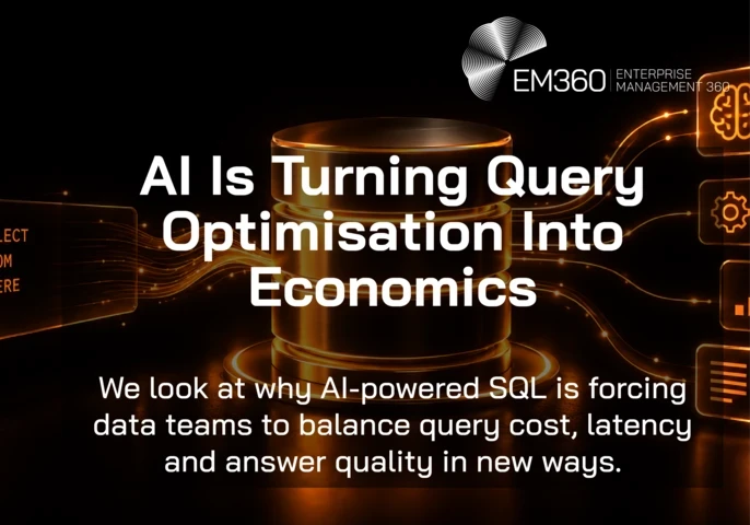 EM360Tech article graphic with a black background and glowing orange database at the centre, connected to an SQL query panel on the left and AI, settings, analytics and document icons on the right. White overlay text reads “AI Is Turning Query Optimisation Into Economics”, with the subtitle “We look at why AI-powered SQL is forcing data teams to balance query cost, latency and answer quality in new ways.” 