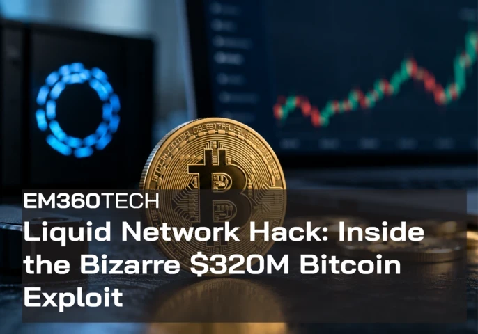 EM360Tech header graphic showing a large gold Bitcoin coin on a dark desk, with blurred cryptocurrency trading charts and digital screens behind it. Overlaid text reads: “Liquid Network Hack: Inside the Bizarre $320M Bitcoin Exploit.” 