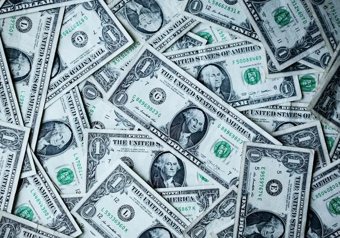 A overhead view of American dollar bills.