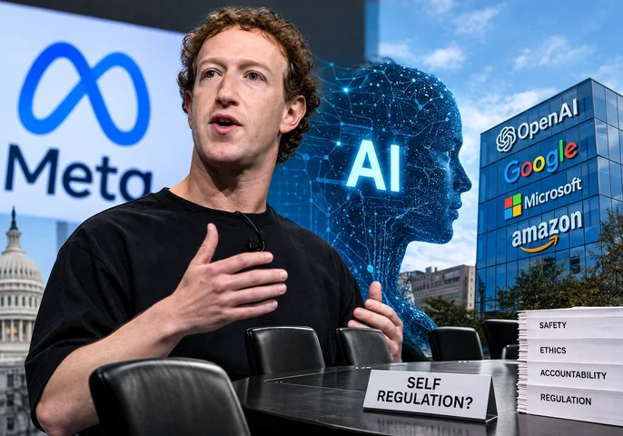 Collage of Mark Zuckerberg, company logos, regulatory documentation and a business desk.