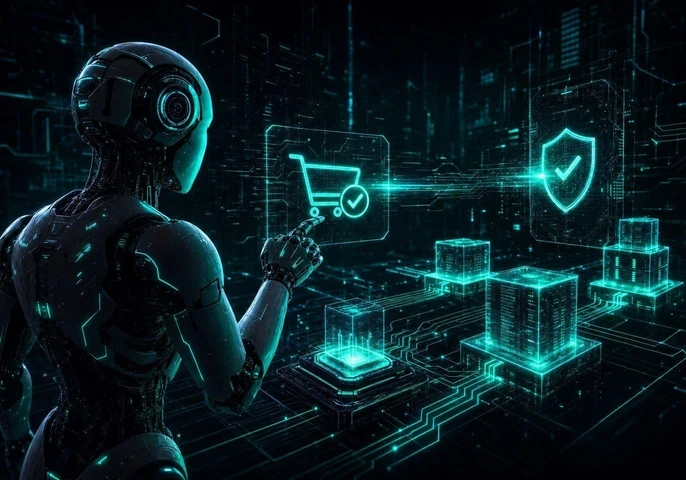A robot handling an online shopping transaction with a trust check mark in the background.