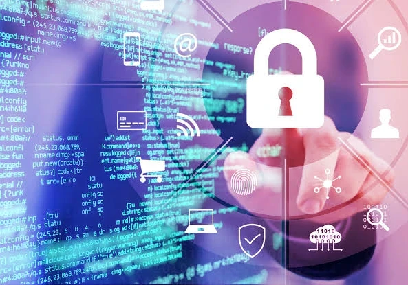 A hand pressing on a lock depiction with icons floating around it against a code background.
