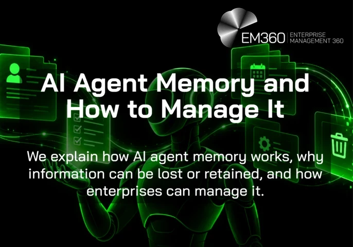 EM360Tech header graphic with a black background and neon green illustration of a humanoid AI robot surrounded by floating digital records, checklists, calendar and settings icons, and a deletion symbol. White EM360 logo at the top right. Large white heading reads “AI Agent Memory and How to Manage It”, with the subtitle “We explain how AI agent memory works, why information can be lost or retained, and how enterprises can manage it.”