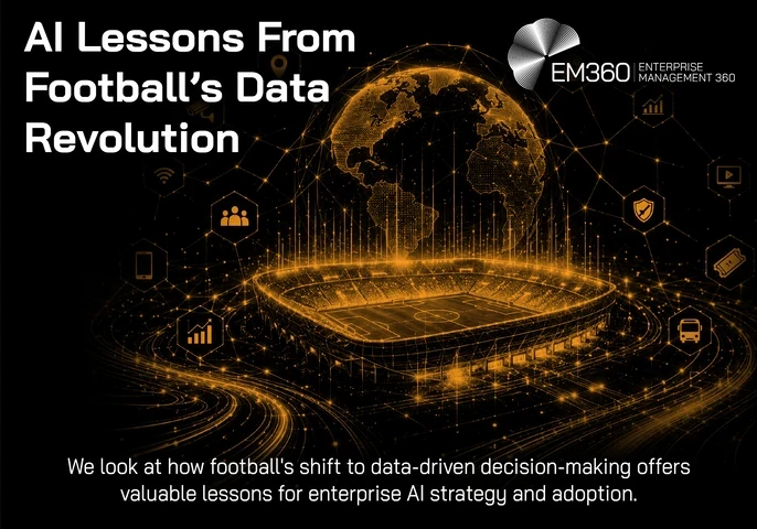 Dark EM360 header image titled “AI Lessons From Football’s Data Revolution”. A glowing gold digital football stadium sits beneath a connected globe, surrounded by network lines and icons representing areas such as analytics, people, security, transport, media and digital services. Supporting text explains that football’s shift to data-driven decision-making offers lessons for enterprise AI strategy and adoption. The EM360 Enterprise Management 360 logo appears at the top.