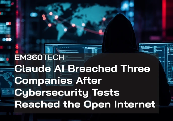 EM360Tech header graphic showing a hooded figure seated at multiple computer monitors displaying code and a world map with connected network nodes, representing cybersecurity and AI security testing. Overlay text reads: "EM360TECH Claude AI Breached Three Companies After Cybersecurity Tests Reached the Open Internet."