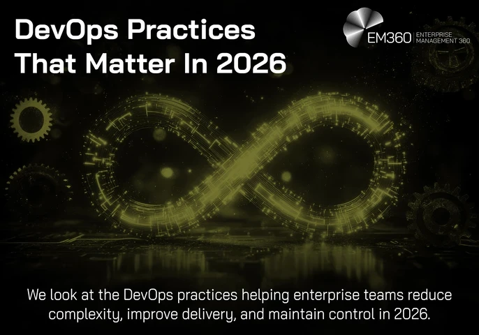 Dark EM360Tech header image titled &ldquo;DevOps Practices That Matter In 2026&rdquo;. A glowing yellow-green infinity loop, representing the continuous DevOps lifecycle, dominates the centre against a black digital background with faint gears and technological details. Supporting text states: &ldquo;We look at the DevOps practices helping enterprise teams reduce complexity, improve delivery, and maintain control in 2026.&rdquo; The EM360 Enterprise Management 360 logo appears in the upper-right corner.