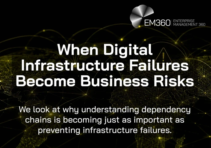 EM360Tech header graphic showing a global digital network map on a black background with olive-coloured connection lines and nodes. A warning symbol appears within the network, illustrating the risk of digital infrastructure failures spreading across interconnected systems. Text reads: "When Digital Infrastructure Failures Become Business Risks" with the subtitle: "We look at why understanding dependency chains is becoming just as important as preventing infrastructure failures."