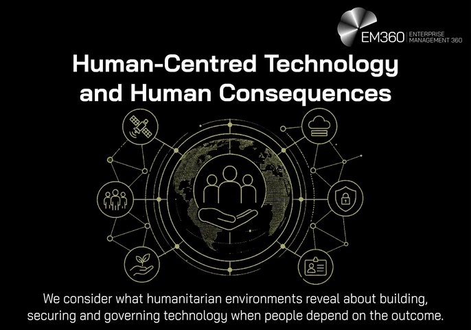 A black EM360 header graphic titled &ldquo;Human-Centred Technology and Human Consequences&rdquo;. At its centre, a gold line illustration shows three people held above an open hand against a digital globe, surrounded by a connected network of icons representing people, infrastructure, cloud services, security, identity, healthcare and sustainability. Supporting text explains that humanitarian environments can reveal lessons about building, securing and governing technology when people depend on the outcome. Two smalle