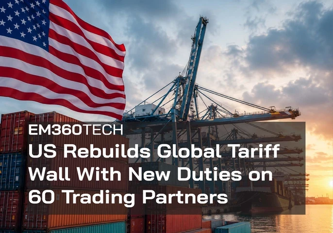 Header graphic for an EM360Tech news article showing a large US flag flying above shipping containers, port cranes and a cargo ship at a commercial seaport during sunrise or sunset. Overlaid text reads: "EM360TECH" and "US Rebuilds Global Tariff Wall With New Duties on 60 Trading Partners".