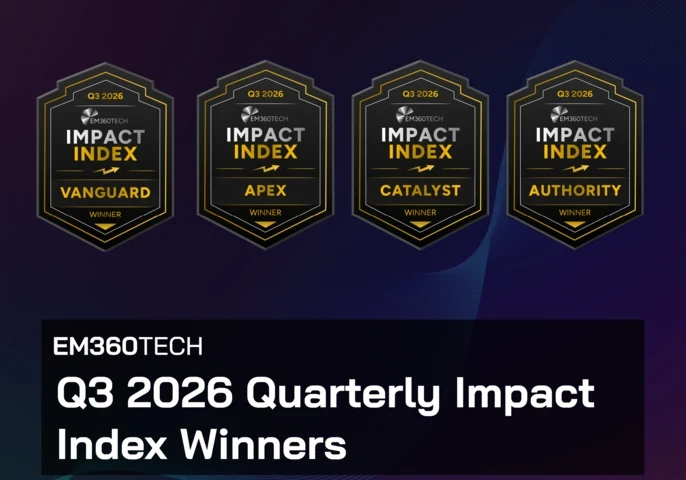 Dark purple and navy gradient background with fine blue curved lines. Four black, grey and gold EM360Tech Q3 2026 Impact Index Winner badges are arranged horizontally across the top, labelled Vanguard, Apex, Catalyst and Authority. Below them, large white text on a dark rectangular panel reads “EM360TECH Q3 2026 Quarterly Impact Index Winners”.