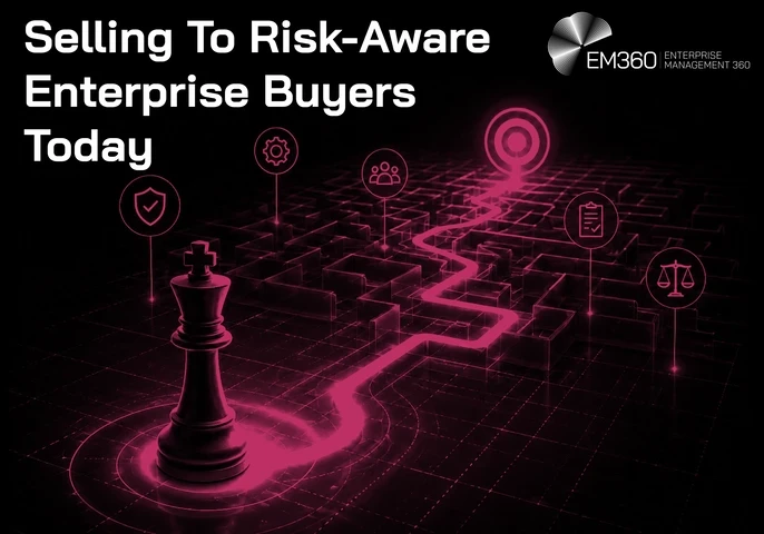 Dark EM360 header image titled “Selling to Risk-Aware Enterprise Buyers Today”. A glowing pink path runs through a complex digital maze from a chess king towards a target, representing the route from technology proposal to purchase decision. Icons positioned around the maze represent security, operations, stakeholders, assessment and governance considerations that can influence enterprise buying. The EM360 Enterprise Management 360 logo appears at the top.