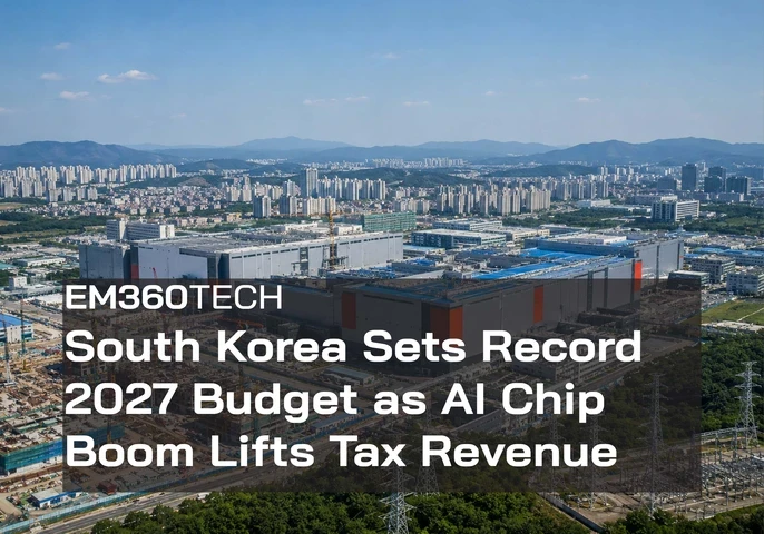 Aerial view of a large South Korean semiconductor manufacturing complex, with the headline “South Korea Sets Record 2027 Budget as AI Chip Boom Lifts Tax Revenue.”