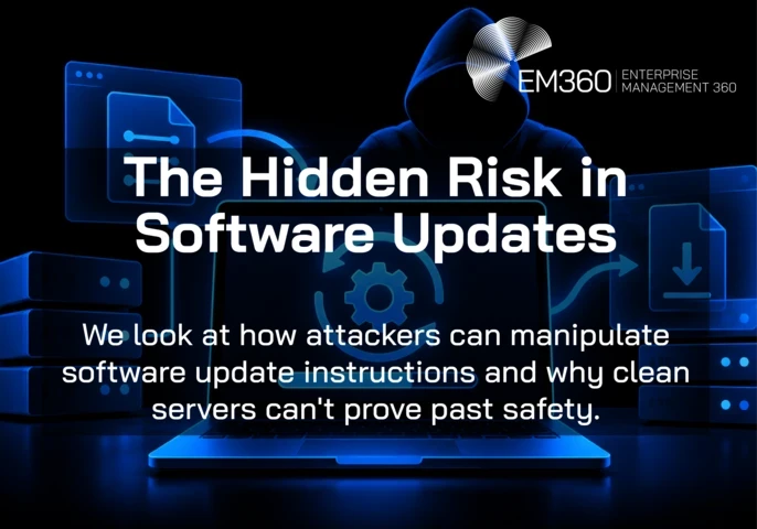 EM360Tech header graphic with a black background and electric-blue illustration of a hooded figure behind a laptop displaying software update arrows, a gear and progress bar, surrounded by connected servers and download icons. Large white text reads “The Hidden Risk in Software Updates”, with the subtitle “We look at how attackers can manipulate software update instructions and why clean servers can't prove past safety.” The white EM360 Enterprise Management 360 logo appears in the upper right.