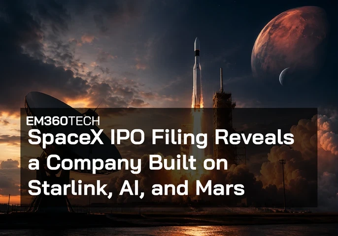 graphic for an EM360Tech article titled “SpaceX IPO Sends Elon Musk Past $1 Trillion.” A large portrait of Elon Musk dominates the left side of the image, looking upward against a dark, dramatic sky. On the right, a rocket launches from a pad with bright orange flames and smoke, rising above a city skyline at dusk. Transparent stock market candlestick charts and trend lines are overlaid across the scene, symbolising financial growth and investor activity. The article title appears in large white text 