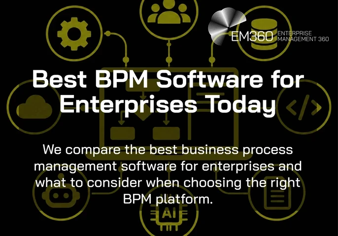 EM360Tech header graphic with a black background and olive-green illustrations of a central laptop displaying a workflow diagram, connected to icons representing automation, employees, databases, cloud systems, coding, AI and documents. Large white text reads “Best BPM Software for Enterprises Today”, with a subtitle explaining the comparison of enterprise BPM software and selection criteria. The white EM360 logo appears in the upper-right corner.