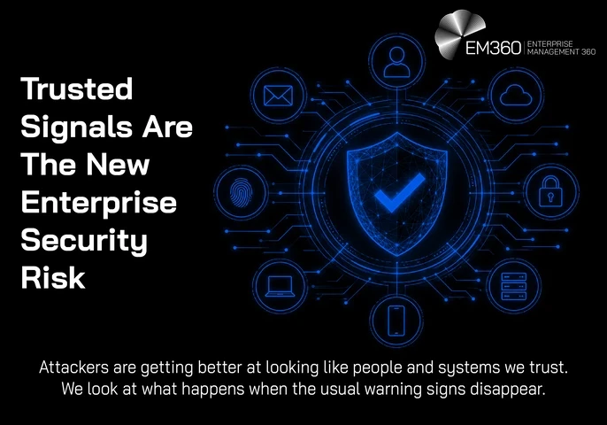 Header graphic featuring a glowing digital shield surrounded by connected icons representing identity, email, cloud services, authentication, devices and enterprise systems. Text explains that attackers are becoming better at looking like trusted people and systems, creating security risk when familiar warning signs disappear.