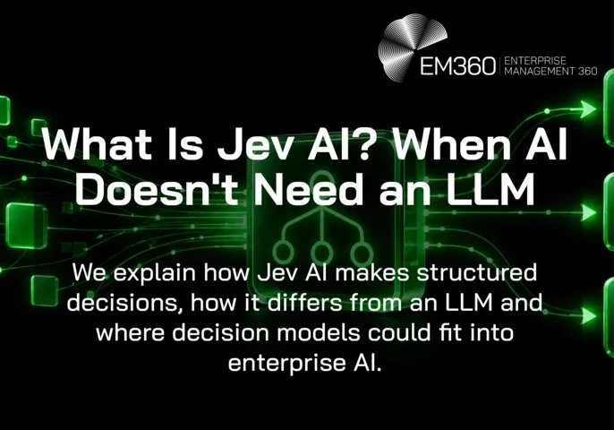Black EM360Tech header graphic with neon green AI decision-routing artwork showing data flowing into a central decision model and branching into three outcomes. White text reads: “What Is Jev AI? When AI Doesn't Need an LLM” with the article subtitle below.