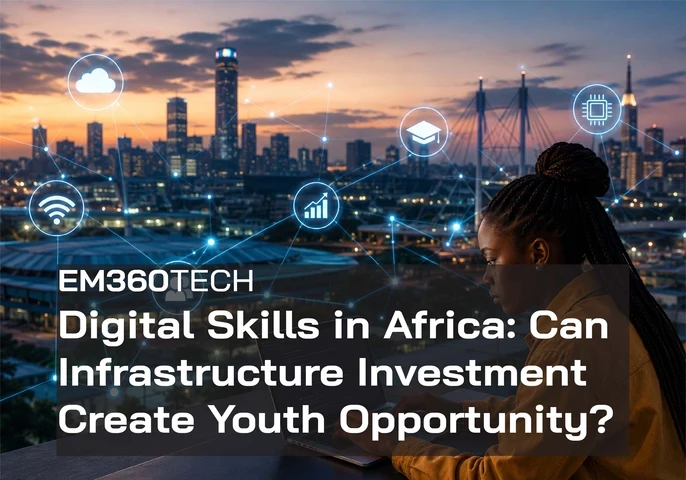 Header graphic for an EM360Tech article titled "Digital Skills in Africa: Can Infrastructure Investment Create Youth Opportunity?" showing a young woman working on a laptop overlooking a modern African city skyline at sunset, with digital network icons representing cloud computing, connectivity, education, technology skills and digital growth.