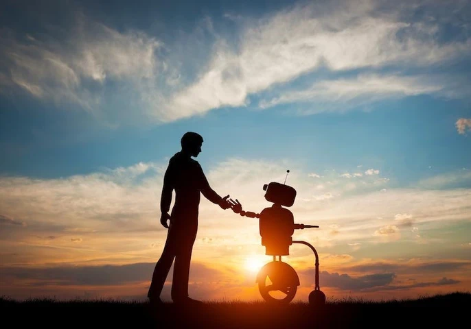 A person shaking hands with a robot with a sunset in the background.
