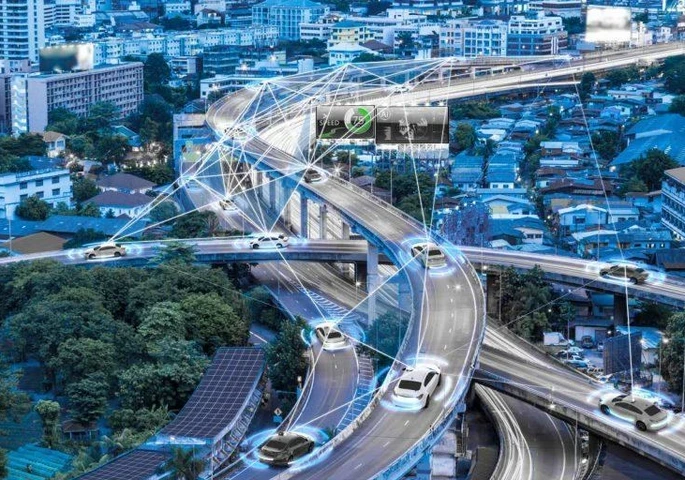 Interconnected smart cars connecting wirelessly on a highway.