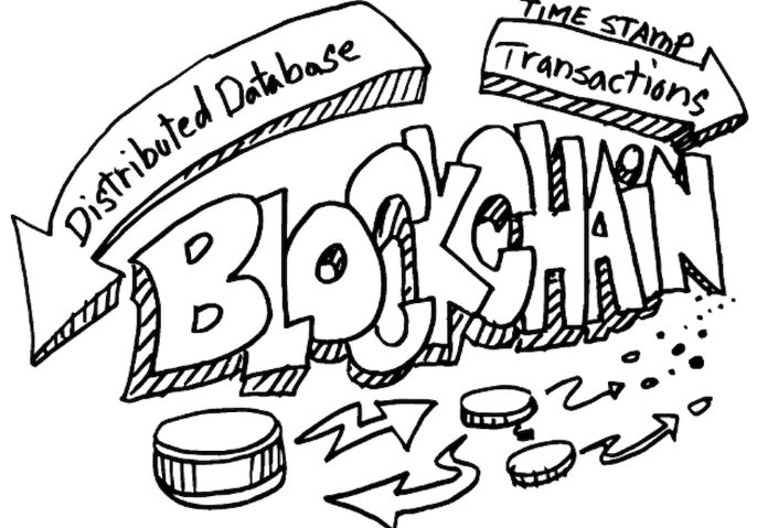 graphic with blockchain in graffiti style letting with distributed database pointing to the left and transactions pointing to the right