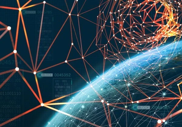 Image of the Earth with blockchain connectivity around
