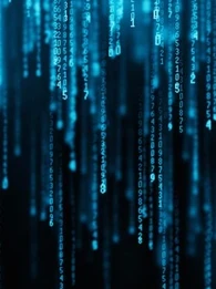 Code dropping down in a waterfall style in neon blue