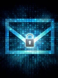 A lock on an animated envelope in front of a coding background.