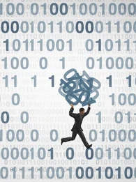 An animated person running through binary code.