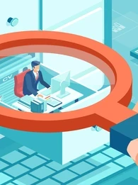 An animated picture of a hand holding a magnifying glass over an employee in a cubicle.