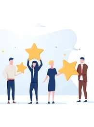 A group of animated people holding up stars.