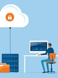 An animated depiction of a data centre next to a person sitting at a desk in front of a computer.