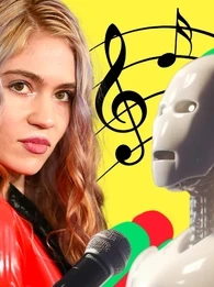 The singer Grimes alongside a robot with colorful music notes in the background.