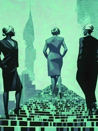 Graphic depicting four female businesspeople on a staircase amidst skyscrapers.