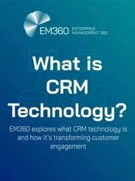  Title slide for an article by EM360 titled "What is CRM Technology?" The background features a gradient blue design with a faint outline of a document, user icon, and gear. The text reads: &ldquo;What is CRM Technology? EM360 explores what CRM technology is and how it&rsquo;s transforming customer engagement.&rdquo; The EM360 logo appears in the top left corner.