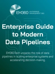 Banner graphic titled "Enterprise Guide to Modern Data Pipelines" by EM360Tech, with a teal gradient background and white tech-themed line icons representing cloud, servers, and data flow. Text highlights the article’s focus on scaling enterprise systems and accelerating decision-making.