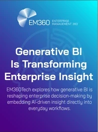 Gradient banner in purple and teal tones featuring the EM360Tech logo and branding. The headline reads: "Generative BI Is Transforming Enterprise Insight". Below, a subtitle says: "EM360Tech explores how generative BI is reshaping enterprise decision-making by embedding AI-driven insight directly into everyday workflows." The design includes a subtle digital maze motif in the background, representing data intelligence.