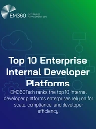 Cover graphic for EM360Tech article titled 'Top 10 Enterprise Internal Developer Platforms.' The background has a blue-to-green gradient with faint line art of gears, flowcharts, and cloud icons. The text highlights the article’s focus on ranking the top 10 IDPs enterprises rely on for scale, compliance, and developer efficiency. EM360 logo appears in the top left.
