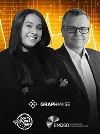Podcast promo image for EM360Tech’s ‘Don’t Panic, It’s Just Data’ episode where Trisha Pillay interviews Andreas Blumauer about retrieval-augmented generation (RAG), Graph RAG, and enterprise AI adoption.