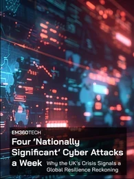 A digital map-style background showing glowing red and blue network data patterns across the world, symbolising global cyber activity and attacks. The overlay text reads “EM360Tech: Four ‘Nationally Significant’ Cyber Attacks a Week – Why the UK’s Crisis Signals a Global Resilience Reckoning,” highlighting the surge in UK cyber threats and their global implications.