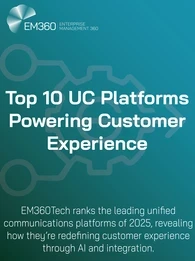 Infographic titled &ldquo;Top 10 UC Platforms Powering Customer Experience.&rdquo; The EM360Tech logo appears at the top left, with the subtitle reading, &ldquo;EM360Tech ranks the leading unified communications platforms of 2025, revealing how they&rsquo;re redefining customer experience through AI and integration.&rdquo; The background features a teal gradient with a subtle gear-and-arrow design representing connectivity and progress.