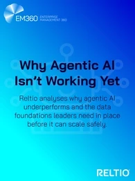 Blue gradient header graphic featuring an outline of a robot icon in the background, with the EM360 logo in the top left and the Reltio logo in the bottom right. The text reads &ldquo;Why Agentic AI Isn&rsquo;t Working Yet&rdquo; with a subheading stating that Reltio analyses why agentic AI underperforms and the data foundations needed for safe scaling.