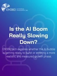 Header image with EM360Tech branding and the headline “Is the AI Boom Really Slowing Down?” set against a blue and purple gradient background with abstract AI and question mark icons, introducing an analysis of whether the AI market is cooling or entering a more measured growth phase.