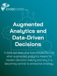 A teal gradient graphic featuring the EM360 logo at the top left and a faint line-drawn AI and analytics icon in the background. Bold white text reads “Augmented Analytics and Data-Driven Decisions,” with a smaller subtitle below describing a data-led deep dive from EM360Tech on the role of augmented analytics in modern enterprise strategy.