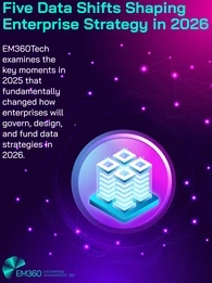 Graphic titled “Five Data Shifts Shaping Enterprise Strategy in 2026”. On the left, text reads: “EM360Tech examines the key moments in 2025 that fundamentally changed how enterprises will govern, design, and fund data strategies in 2026.” On the right is a stylised illustration of stacked data platforms inside a circular frame, surrounded by connected nodes, representing modern enterprise data infrastructure and connectivity. EM360Tech branding appears in the bottom left corner.