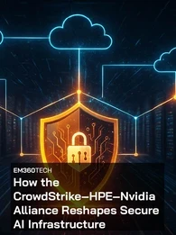 A dramatic digital illustration of a secure AI infrastructure scene with glowing cloud icons and a central orange shield inside a futuristic server room. The overlaid text reads: “How the CrowdStrike–HPE–Nvidia Alliance Reshapes Secure AI Infrastructure” with the EM360Tech label above it.